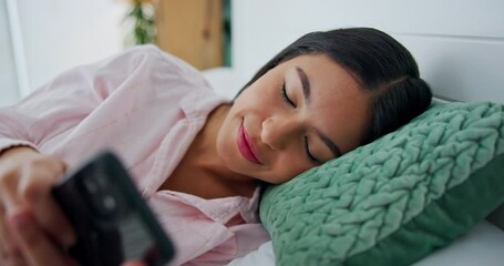 Poster - Smile, relax and girl with smartphone in bedroom for social media, communication and online update. Notification, reading and person with tech at home for message, connectivity and digital chat