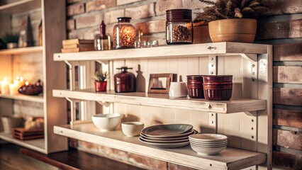 Wooden shelf against a white wall