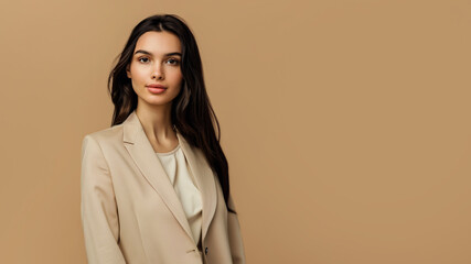 Wall Mural - A young brunette woman in beige clothing stands against a solid beige background. Studio. Isolated beige background.