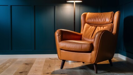 Wall Mural - A chair with a brown leather seat and lamp next to it, AI