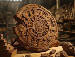 Wall Mural - Aztec Sun Stone, with detailed carvings and cultural significance 