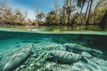 Wall Mural - manatees underwater in a Florida river with clear water and fish in the background,