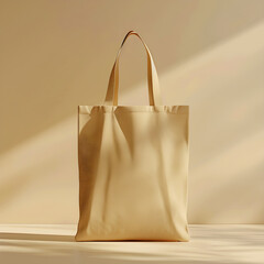 A tan canvas bag with a brown handle sits on a table