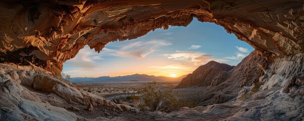 Wall Mural - panoramic photo of an underground cave in the desert, view from inside looking out at sunset and mountains,