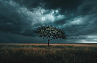 Wall Mural - Photo of a lone acacia tree in the Serengeti under a dark, stormy sky, taken with a wide angle lens. The photo has the
