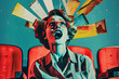 © Prasanth - Woman in retro style with great enthusiasm watching a movie in a cinema with red chairs, expression, excited woman, modern art collage, contemporary photo collage, vintage, comic style, Generative AI