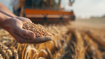 Wall Mural - Wheat grains in hands of farmer in wheat field.