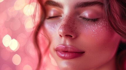 Canvas Print - Beautiful young woman face with closed eyes on pastel pink glowing background. Beauty skin care make up cosmetics concept banner