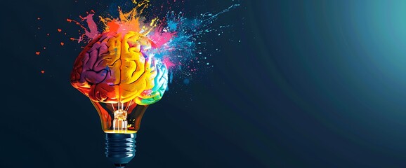 A minimalist representation of a cheerful brain within a bulb, with vibrant colors emanating from its core, sparking imagination and innovation.