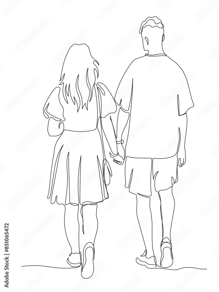 Young couple holding hands and walking away. Continuous line drawing ...