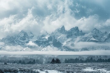 Wall Mural - The wasteland was snow-covered mountains in Grand Teton National Park with dramatic clouds and mist, photographed with a telephoto lens in natural lighting.