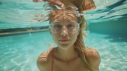 Wall Mural - a blonde woman swimming underwater of a swimming pool, wearing bikini, photo 