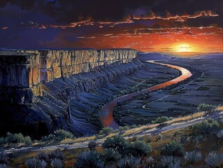 Wall Mural - Majestic sunset over winding river and dramatic canyon cliff, creating a serene natural landscape bathed in a stunning array of colors
