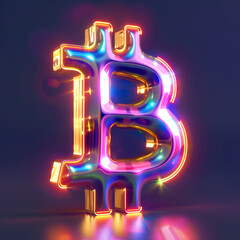 Wall Mural - A vibrant neon Bitcoin icon symbolizes modern digital currency, creating a dynamic and captivating visual representation of technology and innovation