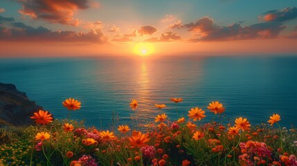 Sunny Morning Panorama of Santorini Island with Flowers and Sea at Sunrise