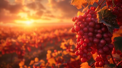 Wall Mural - Ripe Red Grapes in Sunny Vineyards During Fall Harvest at Sunset