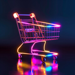 Wall Mural - A vibrant neon shopping cart symbolizes modern commerce, creating a dynamic and captivating visual representation of retail and technology