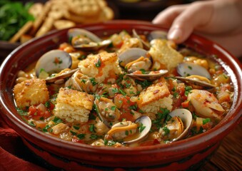 Wall Mural - Delicious seafood dish with clams and croutons in a rustic bowl, garnished with fresh herbs and vegetables, ready to be served