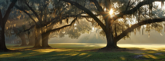 Wall Mural - Sunlight filters through majestic oak trees draped with Spanish moss, creating a serene and picturesque scene of natural beauty