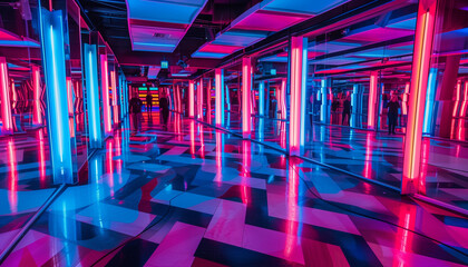 Wall Mural - A mesmerizing maze of neon-lit hallways reflects off shiny floors, creating a futuristic and surreal ambiance that captivates the viewer's imagination