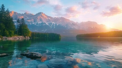 Wall Mural - Impressive summer sunrise on Eibsee lake with Zugspitze mountain range. Sunny outdoor scene in German Alps, Bavaria, Germany, Europe. Beauty of nature concept background
