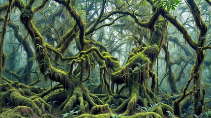 Sticker - An image of a misty rainforest with trees covered in moss