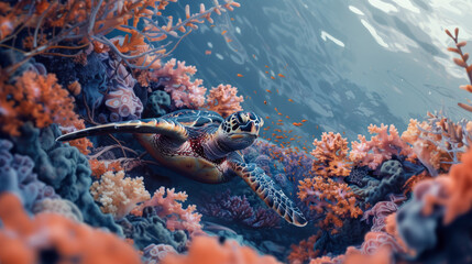 Wall Mural - Beautiful Sea Turtle Swimming Among Colorful Coral Reefs in a Vibrant Underwater Ocean Scene