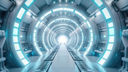 Wall Mural - Futuristic corridor with circular architecture in a sci-fi spaceship. Image of modern corridor of spacecraft interior with bright blue light. Concept for advanced technology and space travel