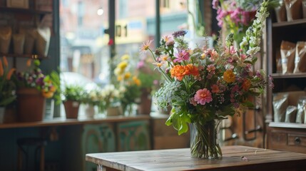 Poster - Close-up of vibrant bouquet in a glass vase on a wooden table inside a flower shop. Blurred background showcases more flowers and city street view.