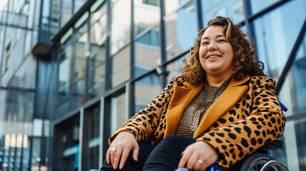 Sticker - Independent woman in a fashionable coat smiling while using a wheelchair on a city street