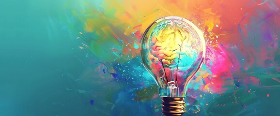 An abstract interpretation of a cheerful brain within a bulb, adorned with bright colors that signify the sparks of creative inspiration.