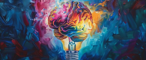 An abstract interpretation of a brain encased in a bulb, with lively colors radiating outward, symbolizing the dynamic nature of creativity.