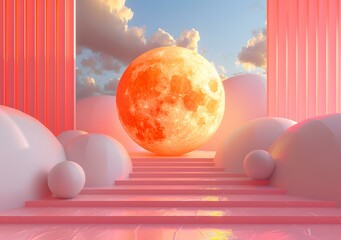 Poster - Pink and orange surreal landscape with a large moon