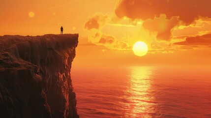 Wall Mural - Man standing on top of cliff at sunset