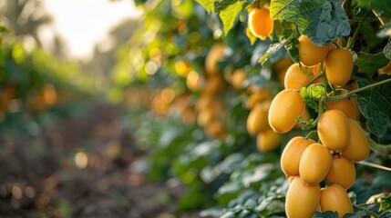 Wall Mural - Golden Tomatoes Growing on the Vine in a Field