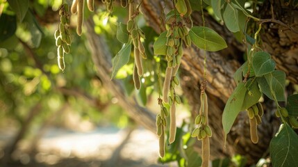 Canvas Print - Mesquite beans hanging from tree in Mojave Desert, California , edible, mesquite, beans, tree, desert, Mojave, California, USA, food, harvest, ripe, natural, wild, harvest, agriculture
