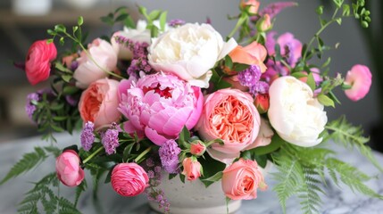 Poster - A close-up of a colorful floral arrangement featuring pink and white peonies, roses, and other blooms in a vase.