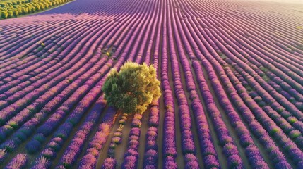 Wall Mural - Aerial view of a lavender field in Provence: Expansive lavender field in full bloom in Provence, France, seen from above.