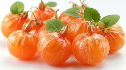 Wall Mural - Group of Orange Physalis Fruit with Green Leaves