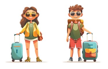 Whimsical wanderlust: amusing cartoons showcase tourists with suitcases, embarking on vibrant vacation escapades filled with fun, discovery, and adventure, exploring the world's wonders.