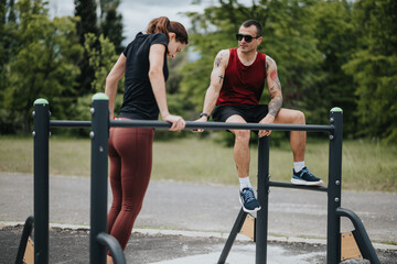 Wall Mural - A young woman and man engage in an outdoor fitness routine, using park equipment to exercise on a sunny day surrounded by greenery.