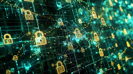 Wall Mural - An intricate web of encryption keys and authentication protocols safeguarding online data storage used by a global business network server, ensuring robust cyber security and data protection.