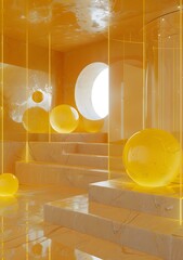 Poster - 3D rendering of an abstract yellow room with glass spheres