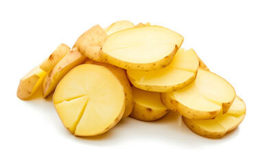 A close-up view of freshly sliced yellow potatoes, showcasing their vibrant color and texture, isolated on a white background.