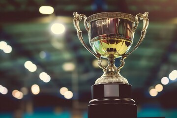 Shining gold trophy symbolizing achievement and victory, representing success and honor in a closeup view, a gleaming symbol of triumph and celebration in a competition