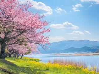 Wall Mural - Spring Landscape with Pink Cherry Blossoms and Yellow Flowers by a Lake and Mountains