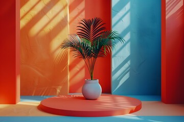 Blue and orange background with a potted plant