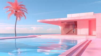Wall Mural - Pink Minimalist House with Pool and Palm Tree