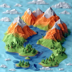 Wall Mural - 3D Paper Mountains and Lake Illustration