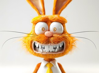 Wall Mural - Funny Cartoon Orange Rabbit with Big Teeth and Yellow Tie